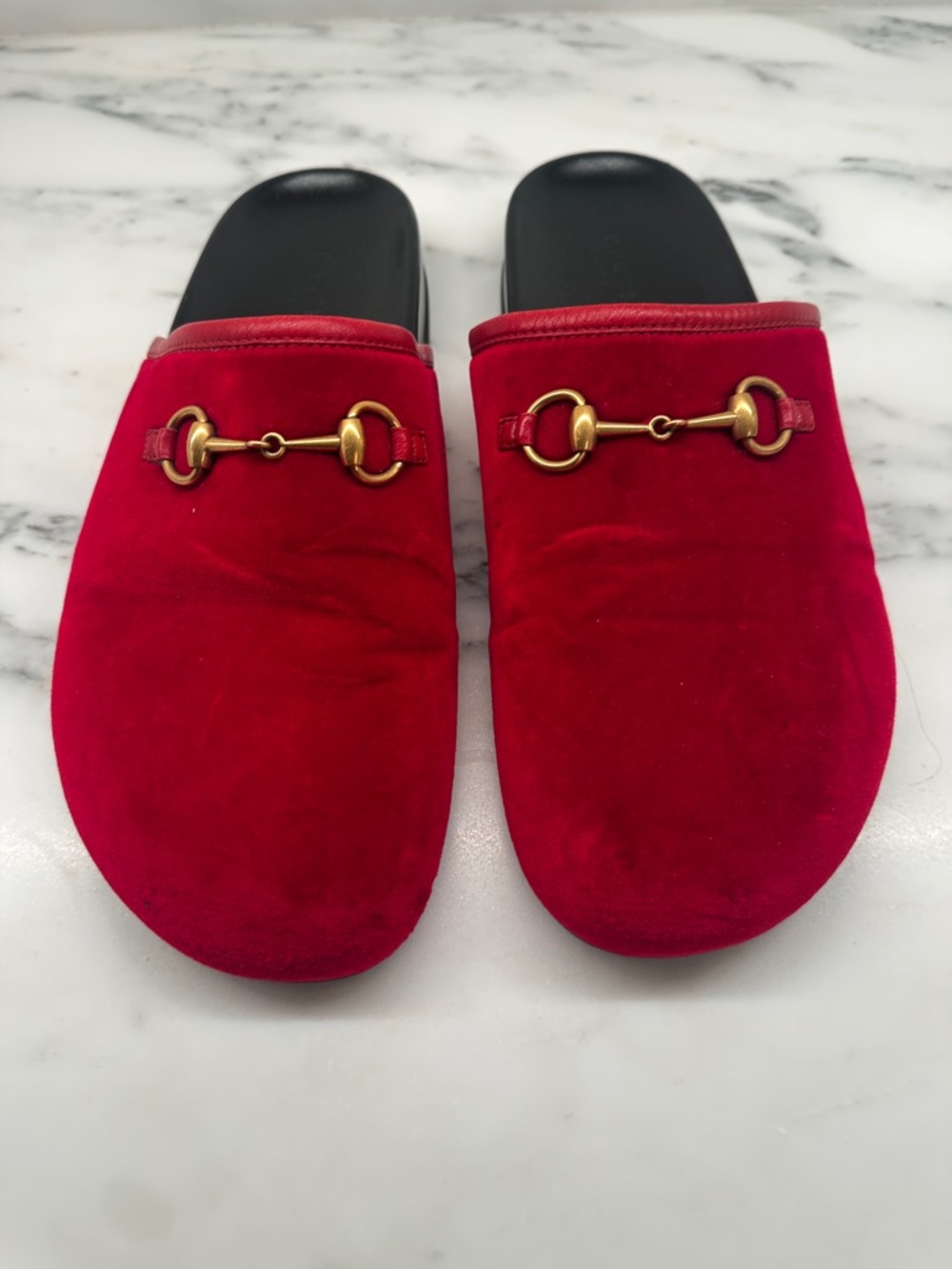 Gucci Red Velvet Horsebit Slide Mules